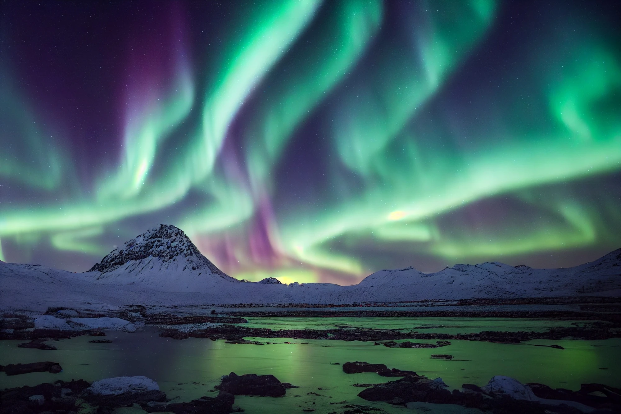 Northern lights over snowy Alaskan mountains and water.