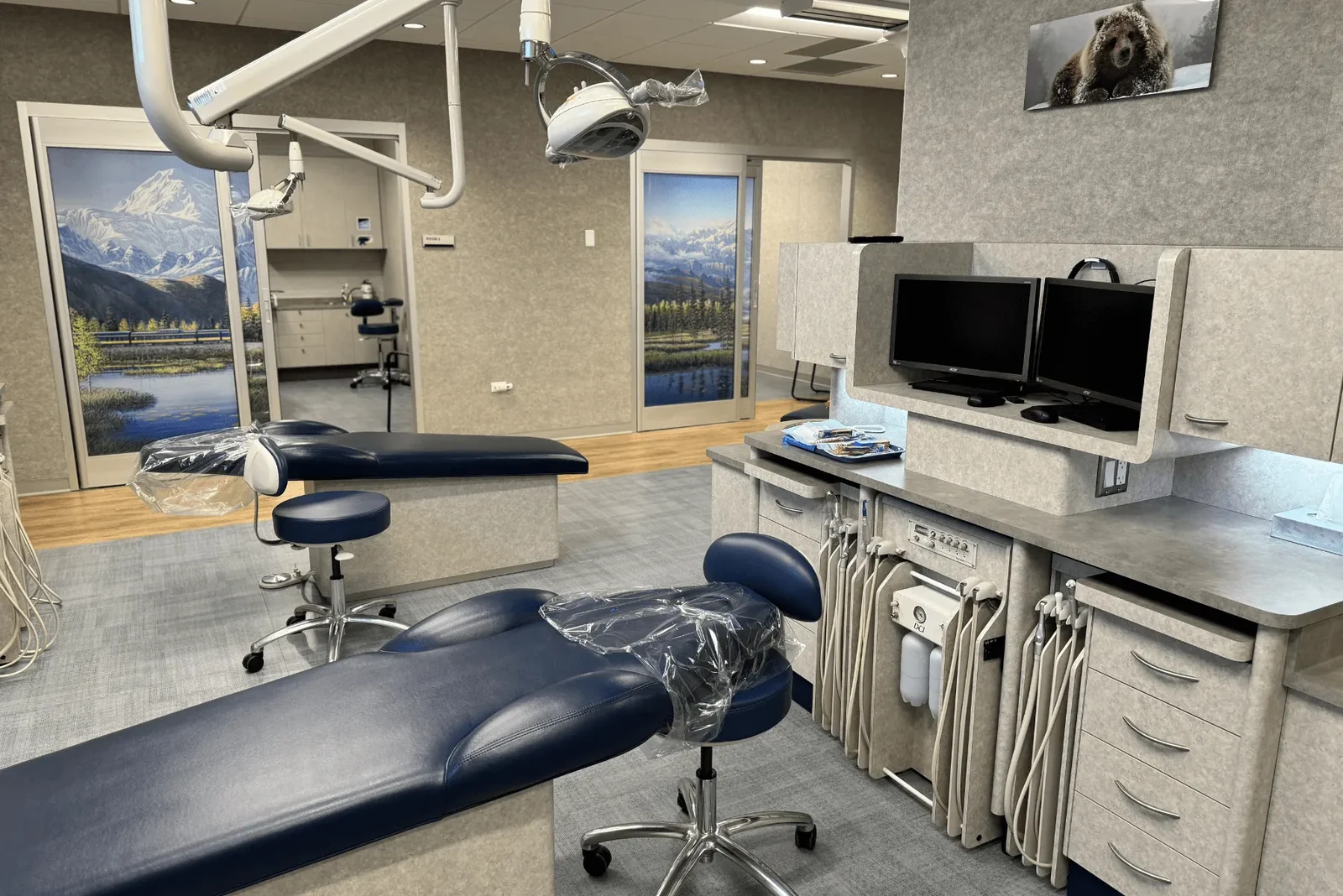 Dental treatment bay with chair, monitors, and wall artwork.